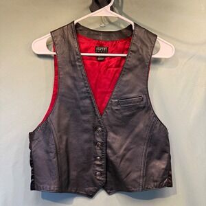 90's Black Genuine Leather Zip Front Motorcycle Vest Size Large Red Lining